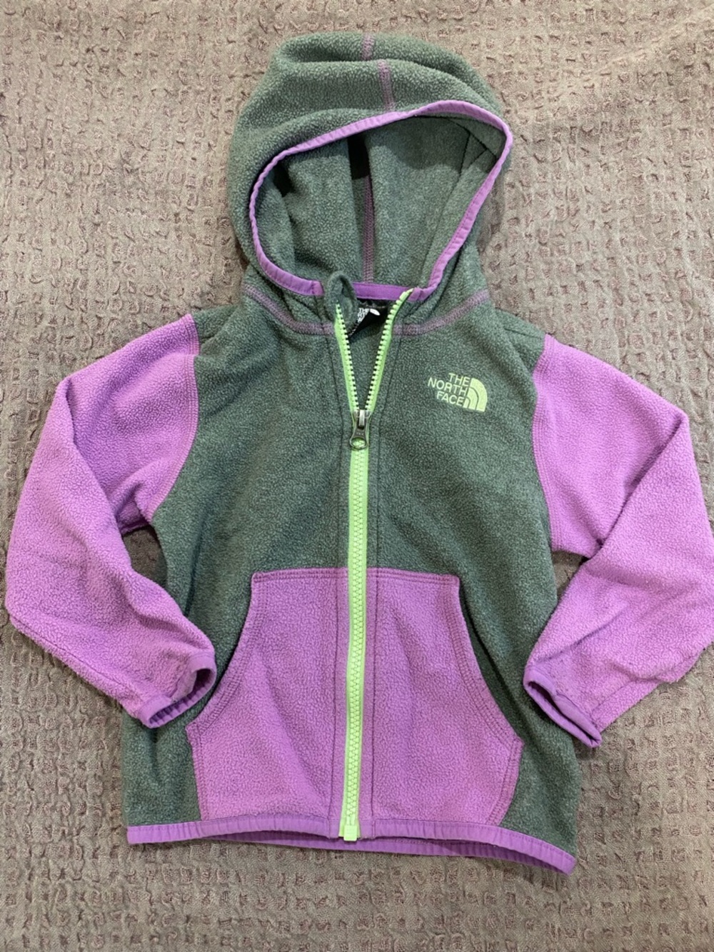 The North Face Kids Hooded Fleece Jacket - Gray & Purple with Lime Zipper